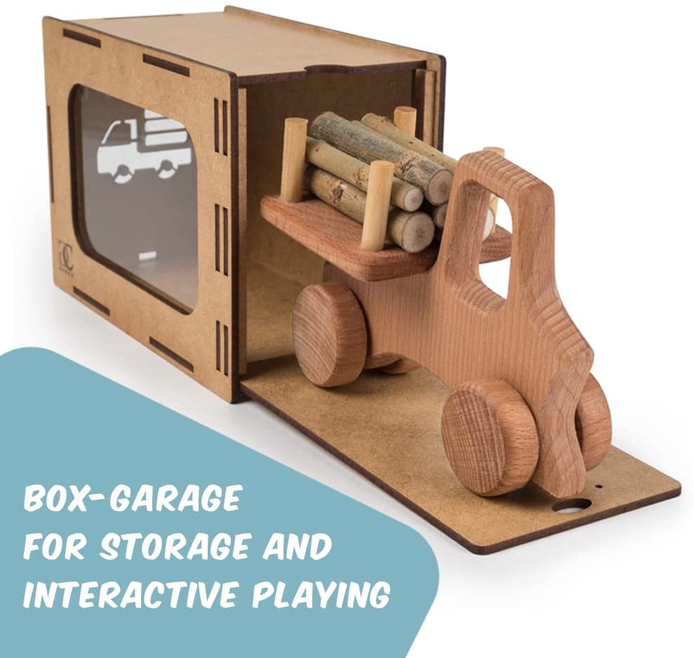 Wooden Toy Truck with Beech Logs and Garage